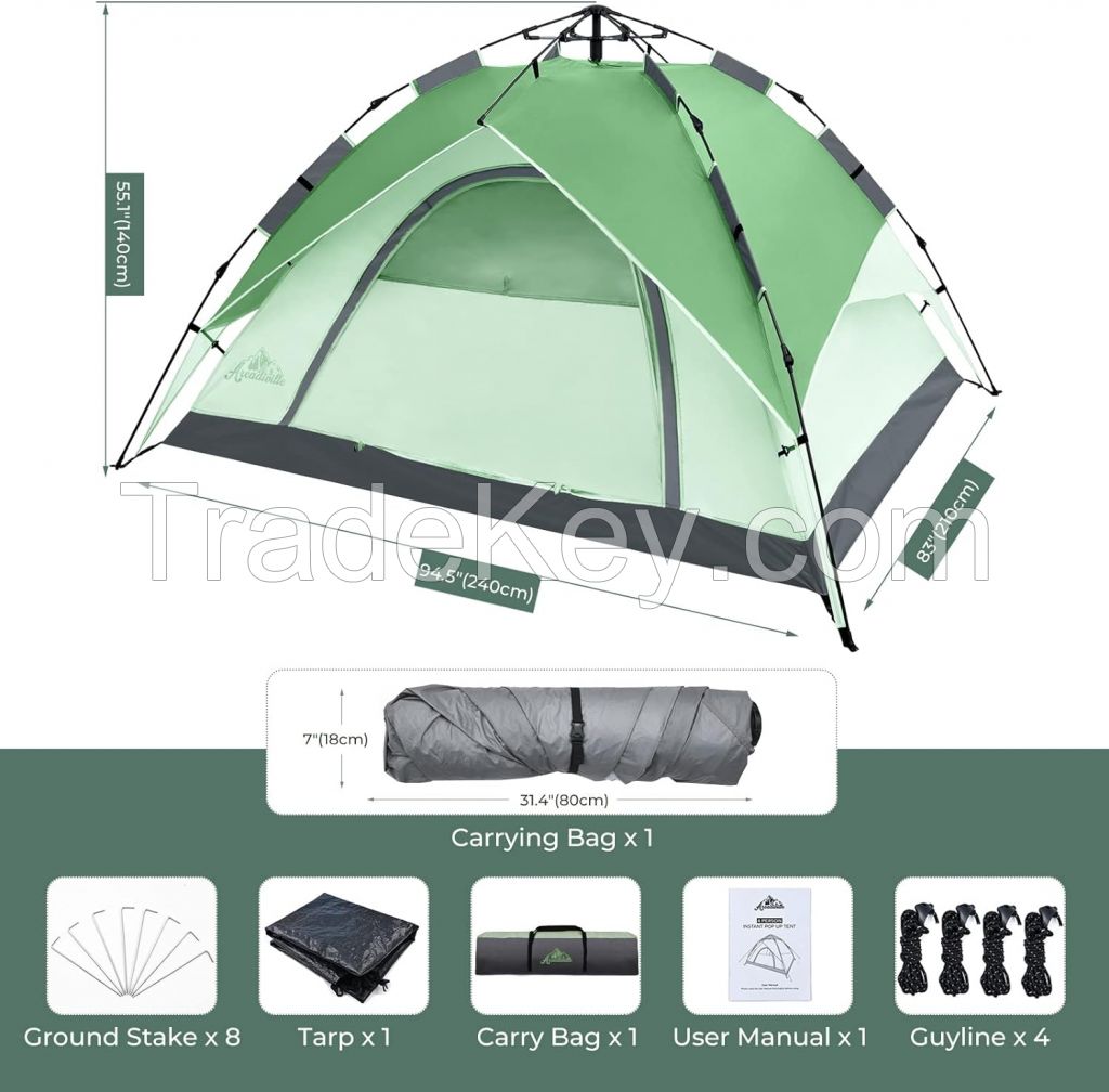 ArcadiVille Camping Pop Up Tent 4 People, Waterproof & Windproof Family Tents for Camping, 2 in 1 Fo