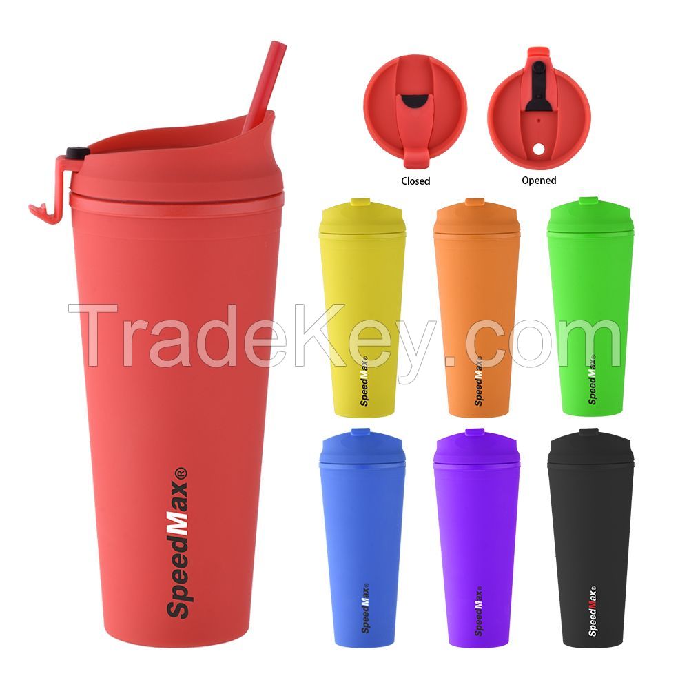 700ml Rubberized Double Wall Plastic Tumbler With Straw