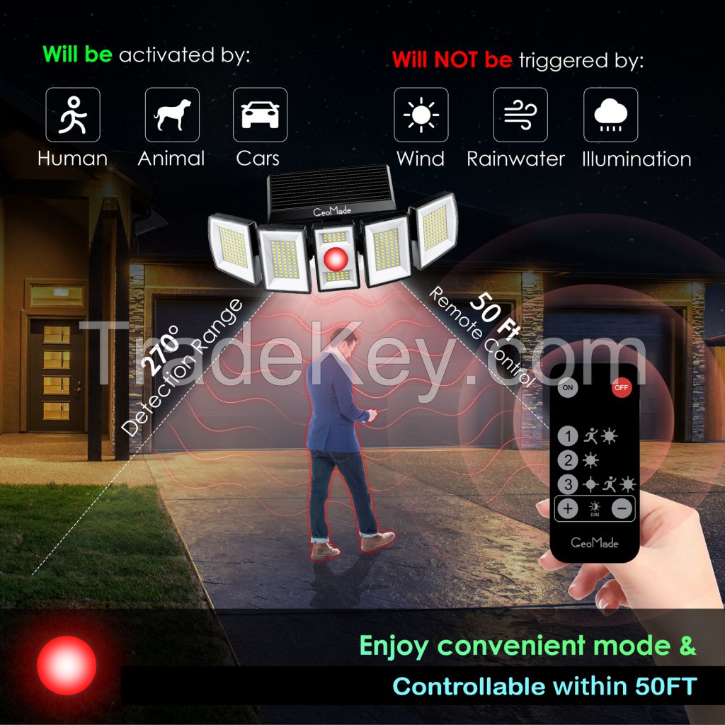 Geomade 5 head solar light outdoor waterproof flood dusk to dawn garden lights with remote controller