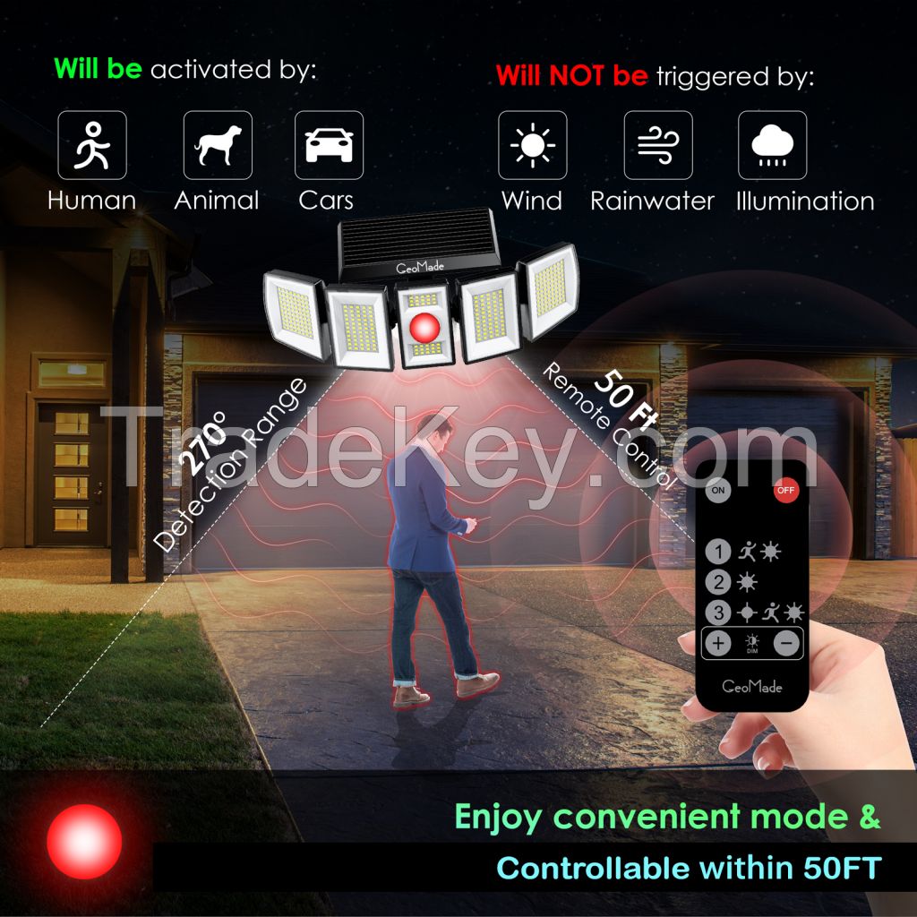 Geomade 5 Head Solar Light Outdoor Waterproof Flood Dusk To Dawn Garden Lights With Remote Controller