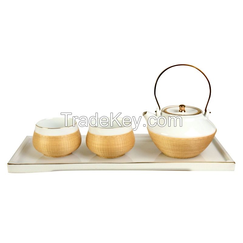 Bamboo woven porcelain tea set