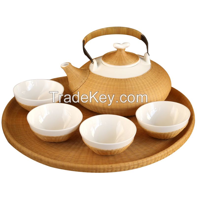 Bamboo Woven Porcelain Tea Set