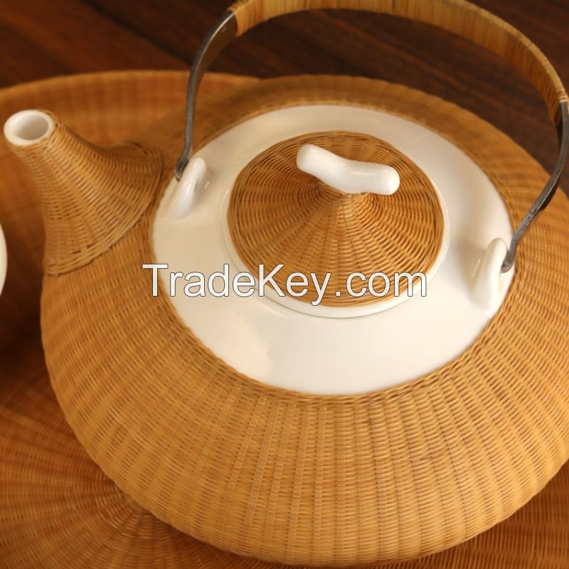 Bamboo woven porcelain tea set