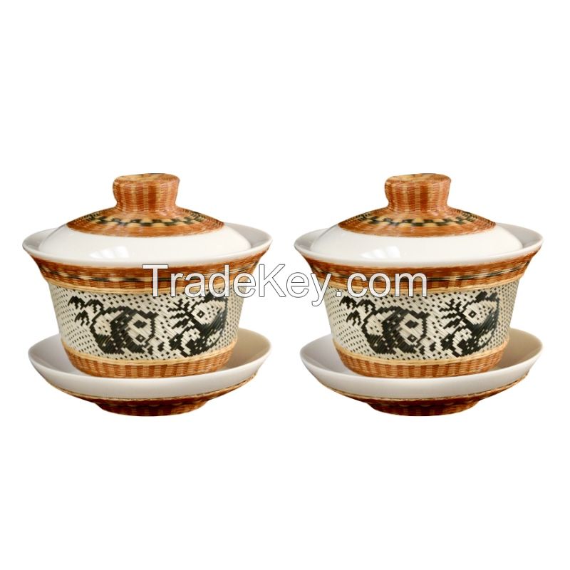 Bamboo woven porcelain tea set