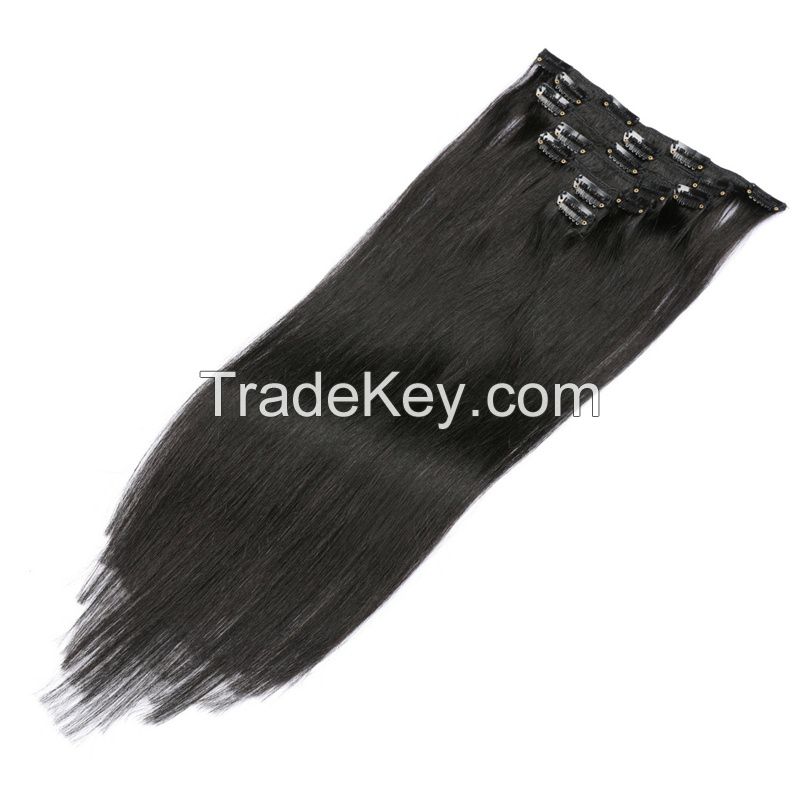 high quality clip in hair extensions remy hair clip on hair  5-10pieces per pack black color crown color