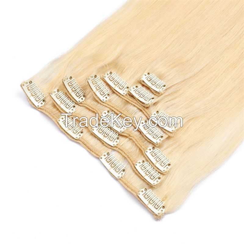 high quality clip in hair extensions remy hair clip on hair  5-10pieces per pack blonde color 75g-200g