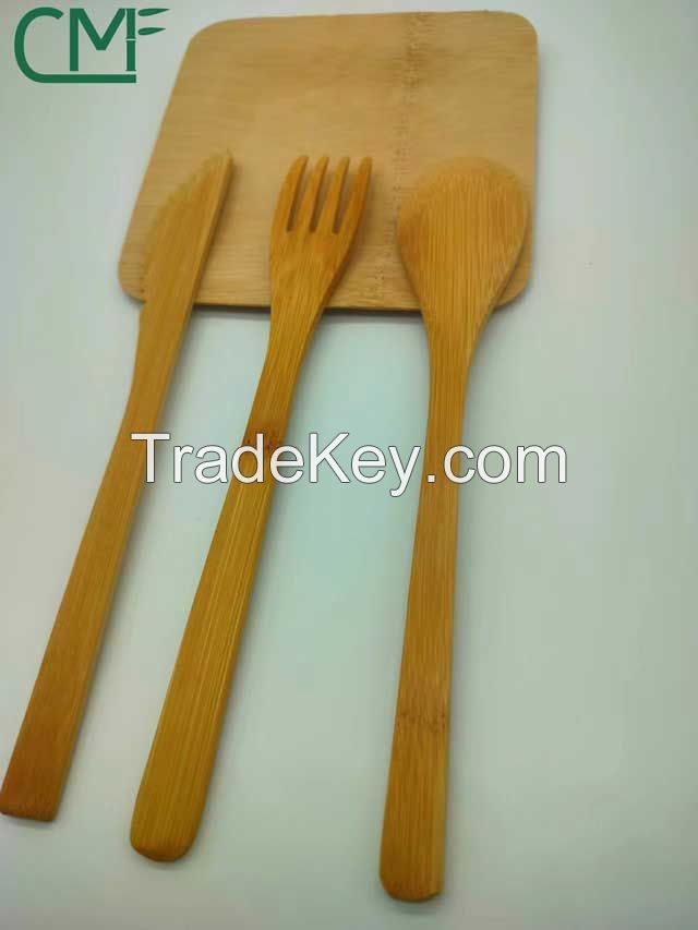 High quality reusable bamboo cutlery set 3 in 1 100% natural bamboo cutlery set in white bag for customized logo zero waste