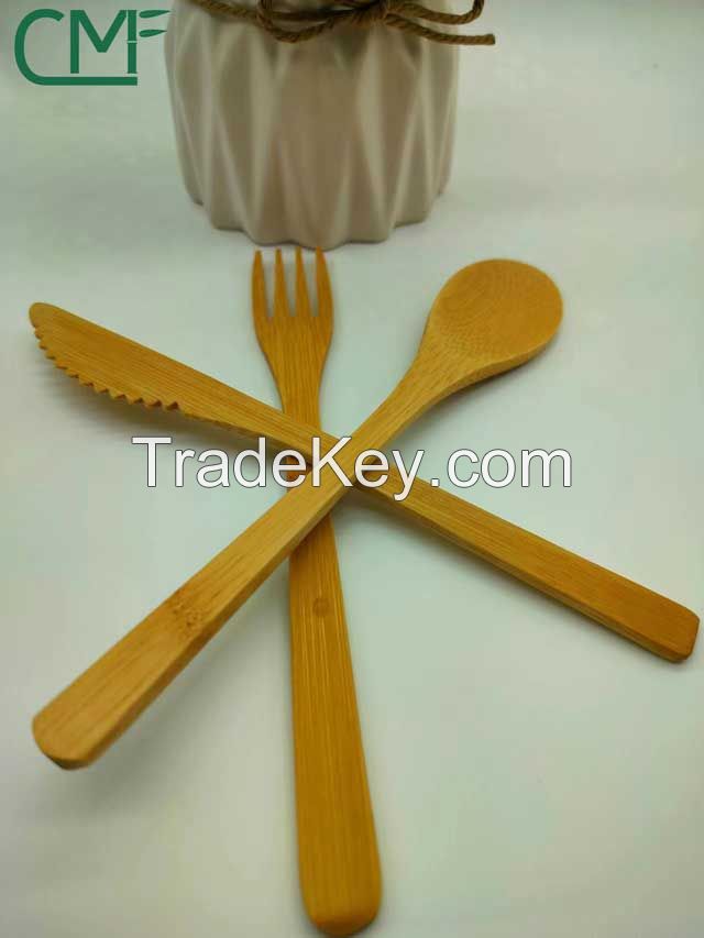 High quality reusable bamboo cutlery set 3 in 1 100% natural bamboo cutlery set in white bag for customized logo zero waste