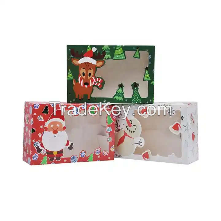 Custom Logo Colorful Pattern Christmas Foil Treats Cookie Gift Box With Window Christmas Cake Box Packaging