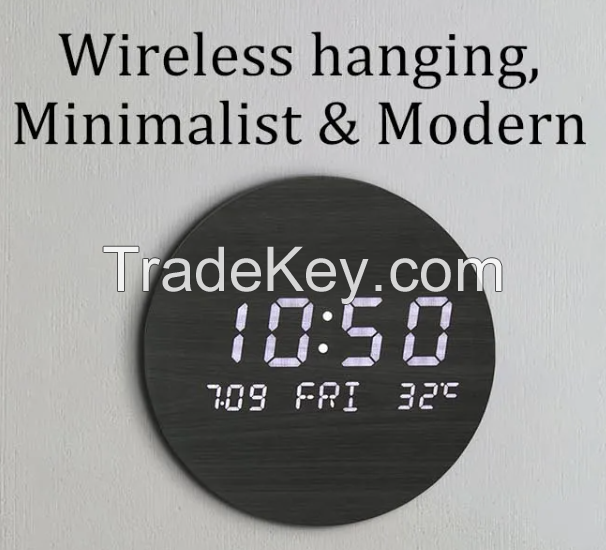 Product Name Wireless Digital Wooden LED Wall Clock Material MDF+PVC Function Time/Date/Week display:12/24H Switching Indoor temperature:â��/â�� Photoresistor sensorï¼�Automatic brightness adjustment Power DC5V/500mAh USB cable inc