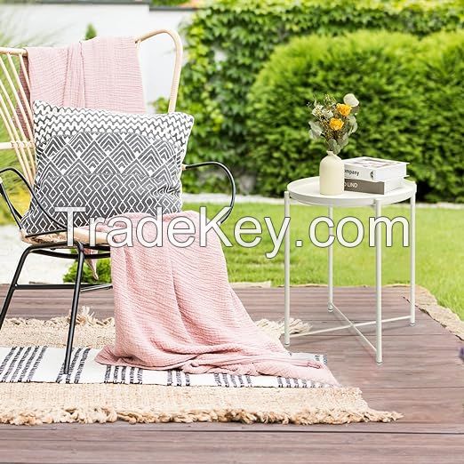 Side Table, Outdoor Small Metal Side Table, Round Side Table with Removable Tray for Living Room Bedroom Porch Patio Office