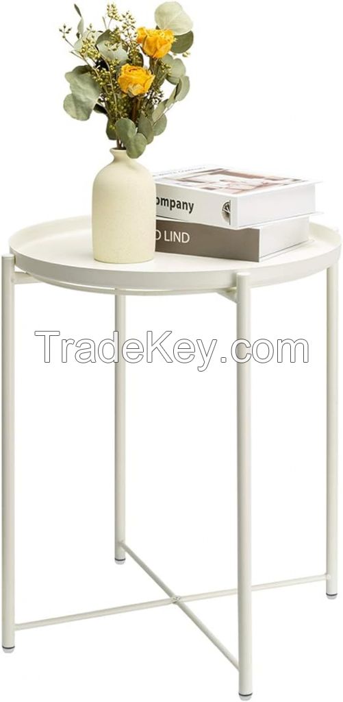 Side Table, Outdoor Small Metal Side Table, Round Side Table with Removable Tray for Living Room Bedroom Porch Patio Office