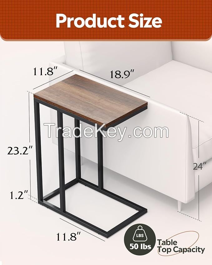Side Table, C-Shape Coffee Side Table for Sofa and Bed