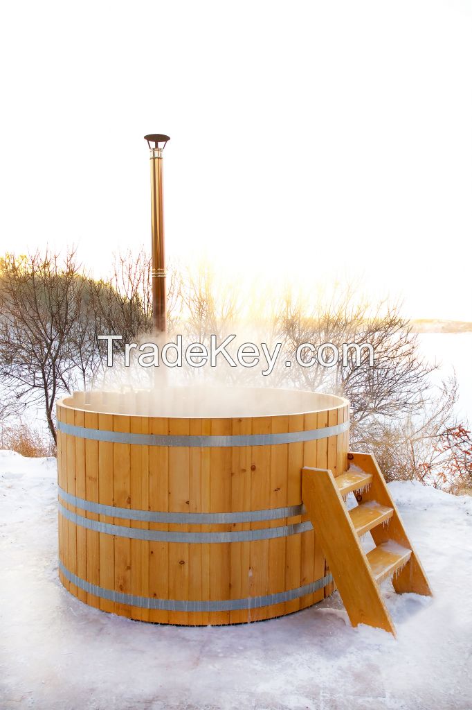 Cedar plung   tub with submersible wood stove