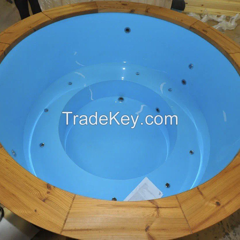 Cedar plunge tub with external wood stove and plastic bowl with polypropylene seats