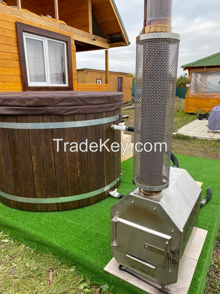 Cedar plunge tub with external stove