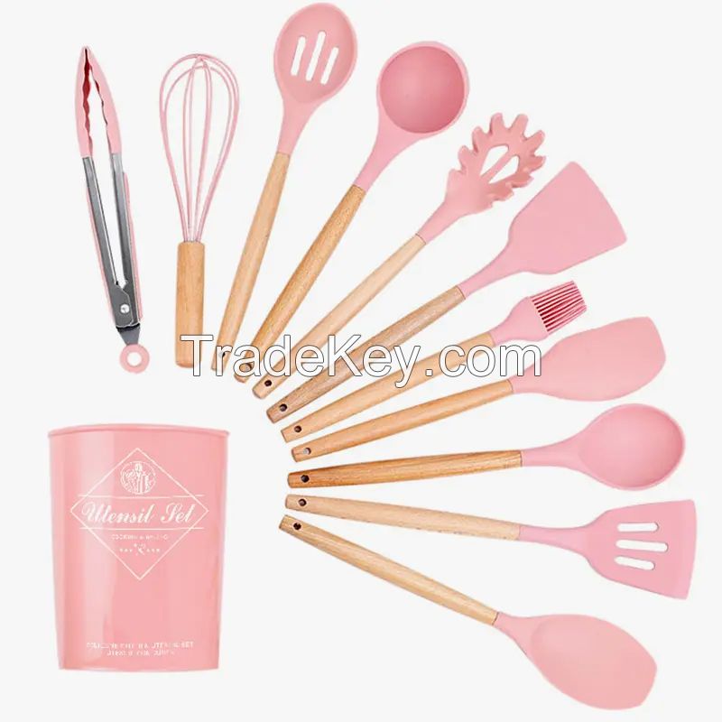 Premium Non Stick Cookware Spoons 12 Pcs Kitchen Cooking Utensils Silicone Kitchen Utensils Set With Wooden Handle