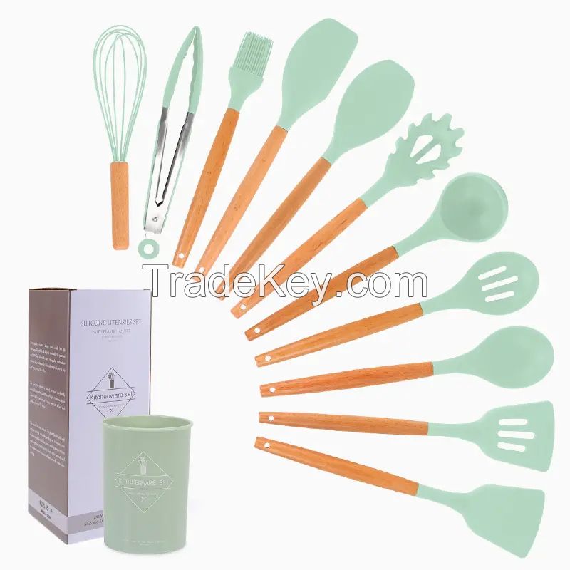 Premium Non Stick Cookware Spoons 12 Pcs Kitchen Cooking Utensils Silicone Kitchen Utensils Set With Wooden Handle
