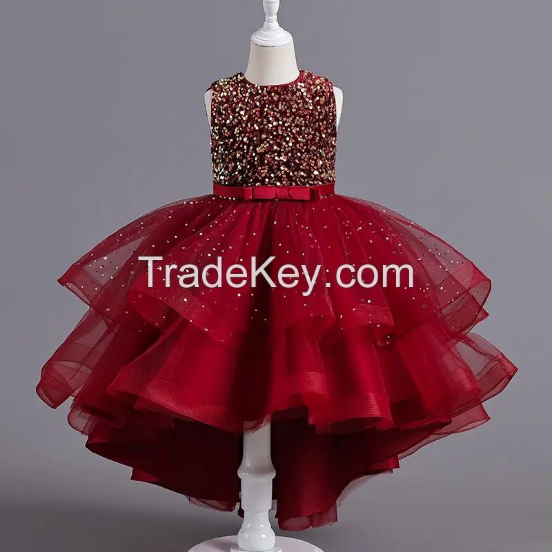 Flower Girls Princess Sequins Baby Wedding Christmas Party Trailing Dress Children Kids Elegant Vestidos Clothes for 3-12Years