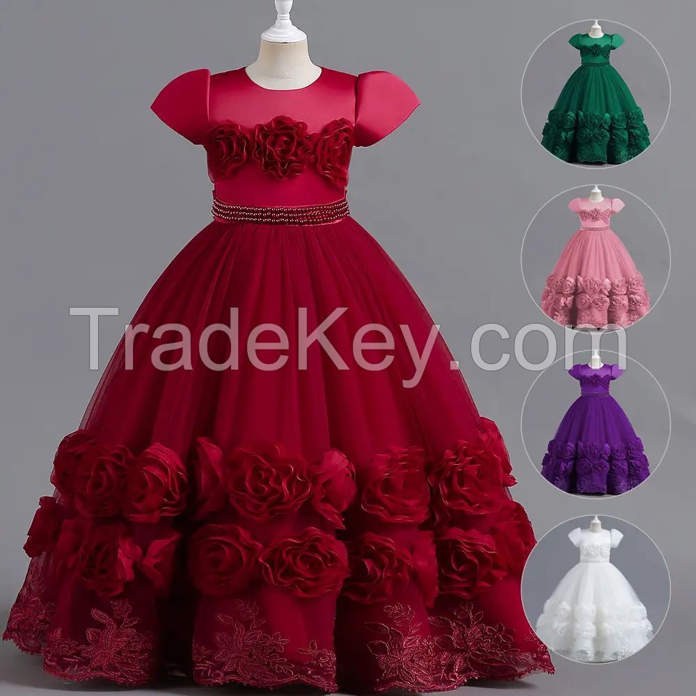 Girls summer embroidered bow elegant net gauze puffy dress wedding dress stage costume prom dress girl clothes sweet