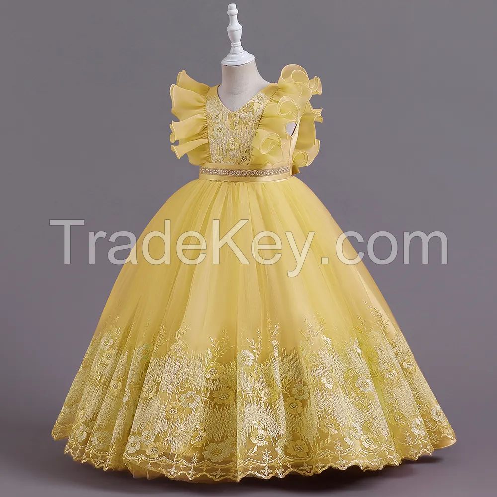 Hot Sale Applique Sleeveless Puffy Dresses Long Ball Gown Kids Wedding Party Dress