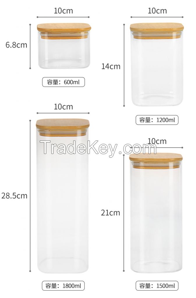 Hot Sale Square Glass Storage Jar High Borosilicate Glass Kitchen Food Sealed Bottle With Bamboo Lid