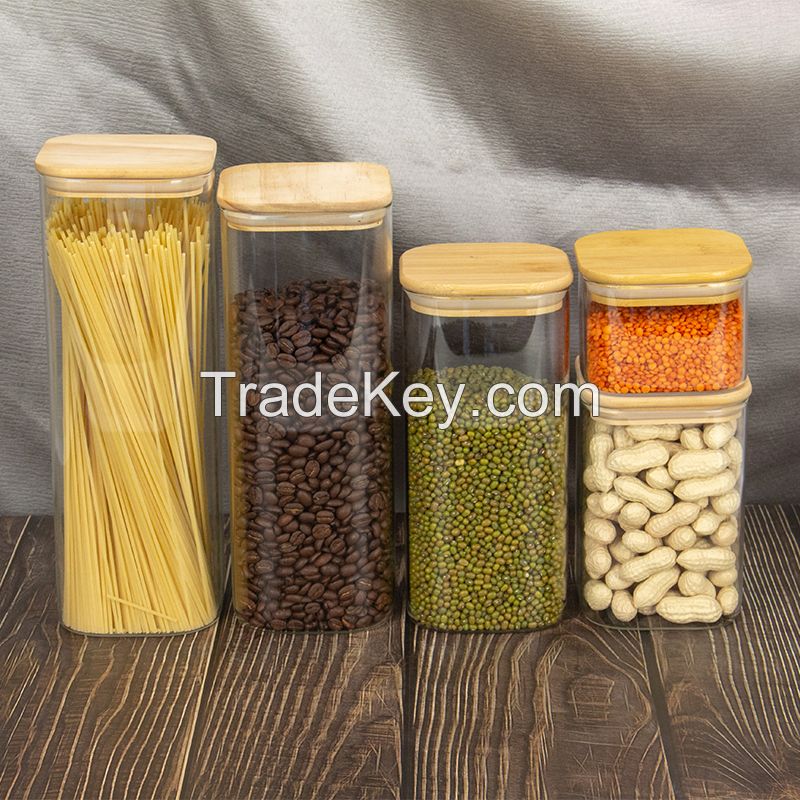 Hot Sale Square Glass Storage Jar High Borosilicate Glass Kitchen Food Sealed Bottle With Bamboo Lid