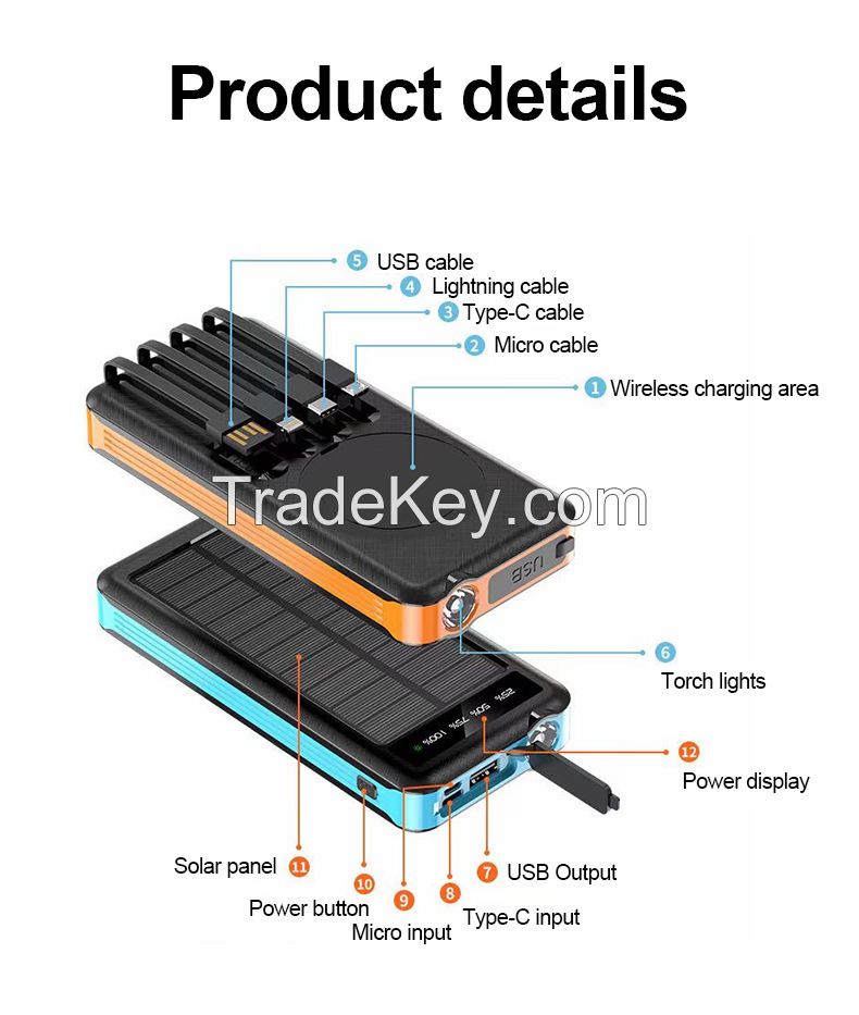 Solar Power Bank 10000mah With Built In Cable Logo Customize Support Wireless Charging