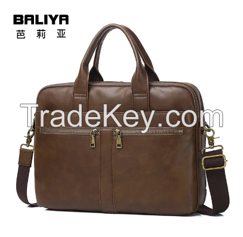 BALIYA Crazy Horse Handbag Crossbody Bag Vintage Genuine Leather Briefcase Top Grain Cowhide Computer Bag for Men