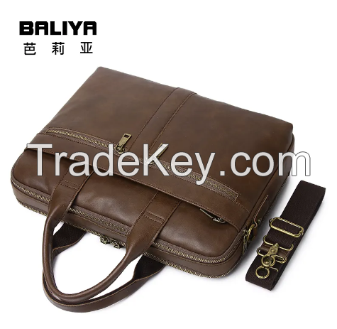 BALIYA Crazy Horse Handbag Crossbody Bag Vintage Genuine Leather Briefcase Top Grain Cowhide Computer Bag for Men