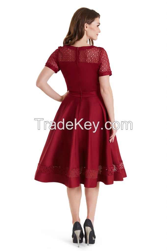 Embroidered Vintage Style Retro Inspired Lace Dress Burgundy