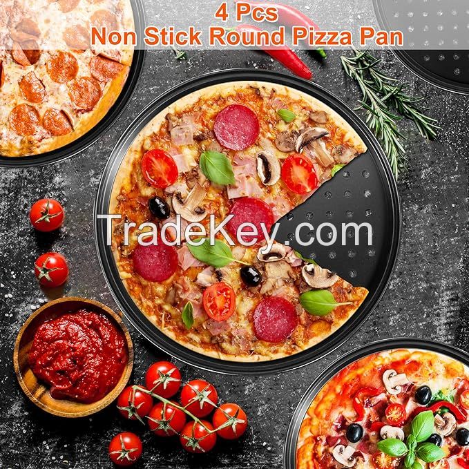 Round Pizza Pans with Holes, 4Pcs Pizza Pan for Oven, Perforated Pizza Tray for Oven, Non-Stick Pizza Baking Pans, Pizza Baking Sheet for Home Kitchen, Pizza Pan Set 9/10/11/12 Inch