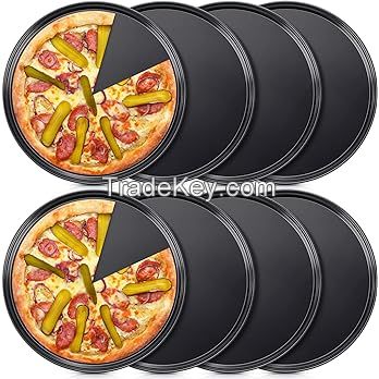 Meanplan 8 Pcs Non Stick Bakeware Pizza Pan Round Pizza Pan for Oven Carbon Steel Oven Pizza Tray Pie Pans Baking Pan for Home Restaurant Kitchen Baking Supplies, Black, 12 Inch (12 Inch)