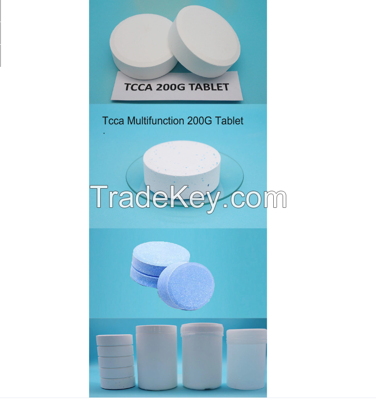 Swimming Pool Chlorine Water Treatment Chemical Trichloroisocyanuric Acid TCCA 90% Chloride Tablets.