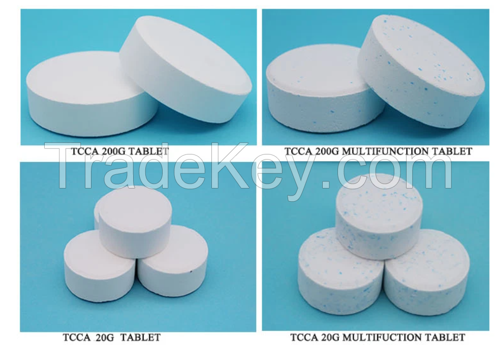 Swimming Pool Chlorine Water Treatment Chemical Trichloroisocyanuric Acid TCCA 90% Chloride Tablets.