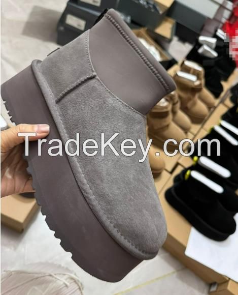 Fashion Luxury Designer Women Snow Boots Grey Leather Casual Lady Warm Shoes