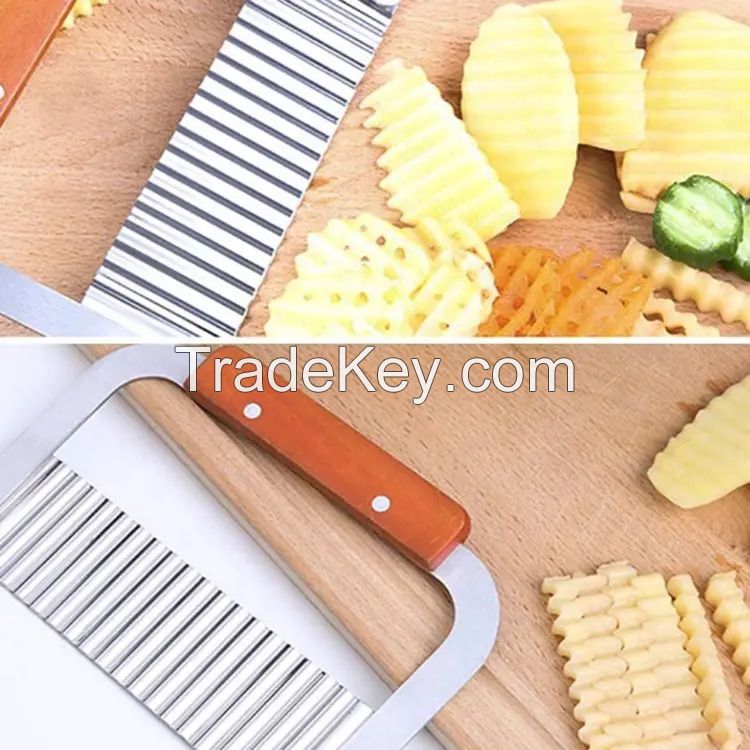 Potato Chip French Fry Cutter Stainless Steel Handheld wood handle Slicer Crinkle Cutter