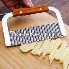 Potato Chip French Fry Cutter Stainless Steel Handheld Wood Handle Slicer Crinkle Cutter