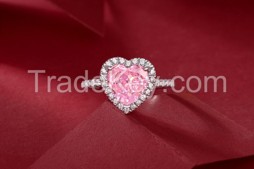 Factory Supply Custom Jewelry Pink Color 5a Cubic Zirconia High Carbon Diamond Sterling Silver Heart Ring