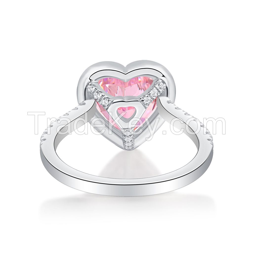 Factory Supply Custom Jewelry Pink Color 5a Cubic Zirconia High Carbon Diamond Sterling Silver Heart Ring