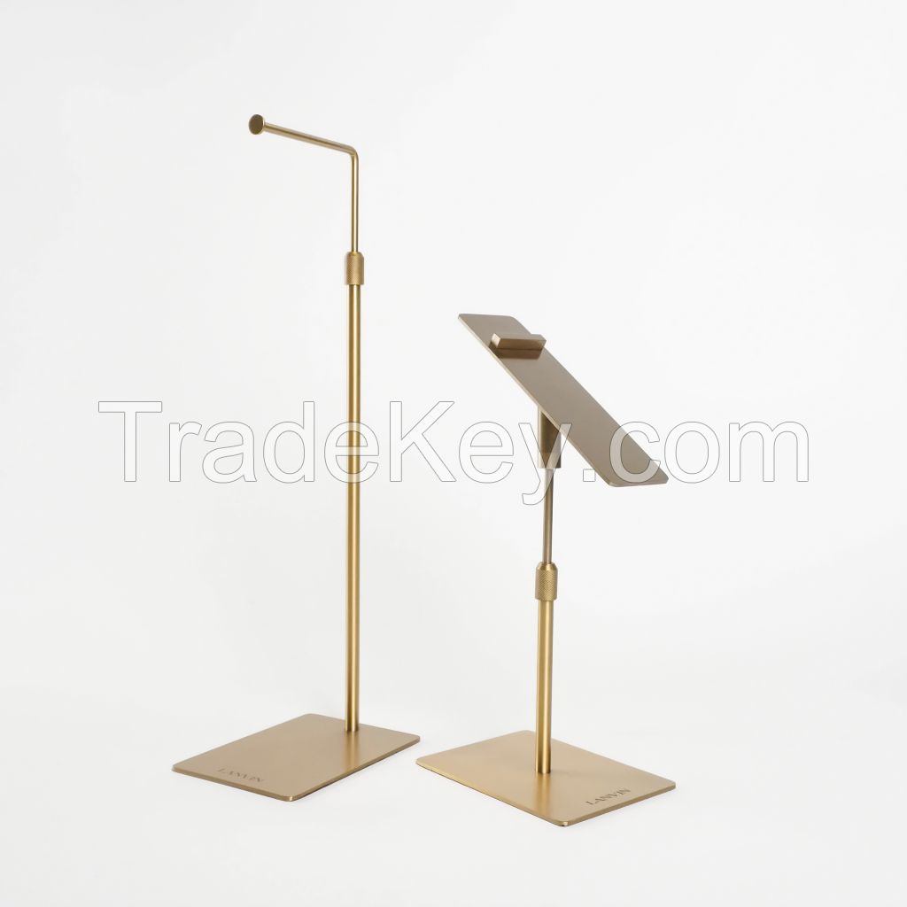 Adjustable Purse Display Stand Mirror Polished Golden Metal Holder