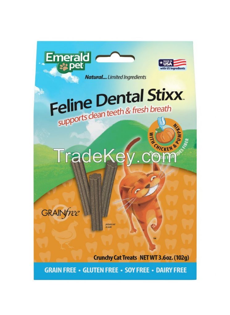 Emerald Pet Feline Dental Stixx Dental Cat Treats Chicken & Pumpkin, 3.6 Oz
