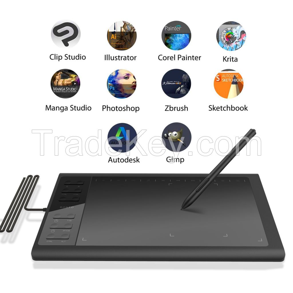 BOSTO 1060plus Pen Drawing Tablet with 16K Pressure Sensitivity Battery-Free Stylus and Customized Keys