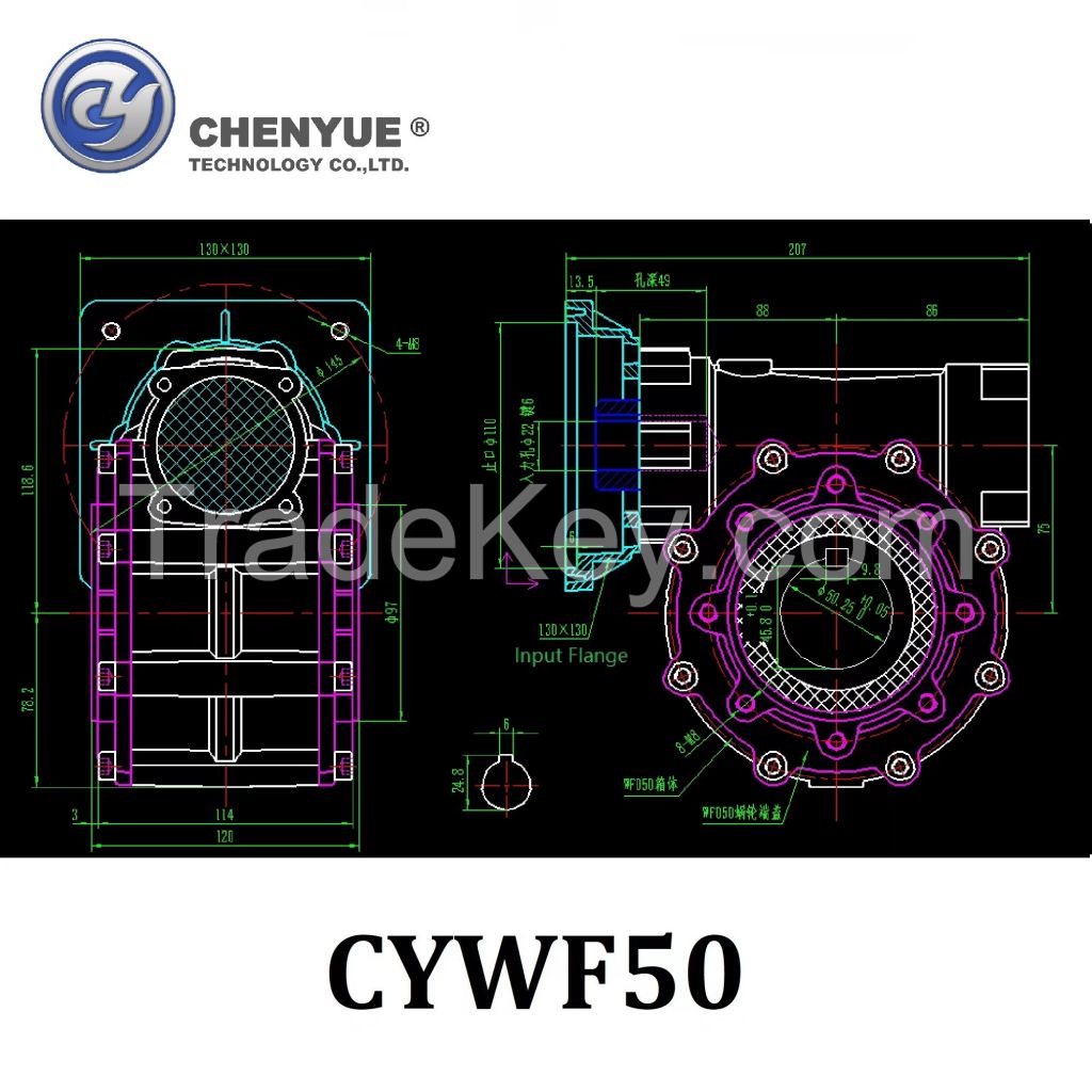 CHENYUE Big Input Hole Worm Gearbox CYWF50 Input 22 Output 50mm Speed Ratio from 5:1/100:1 Speed 80-233N.m Engine 3Kw Free Maintenance