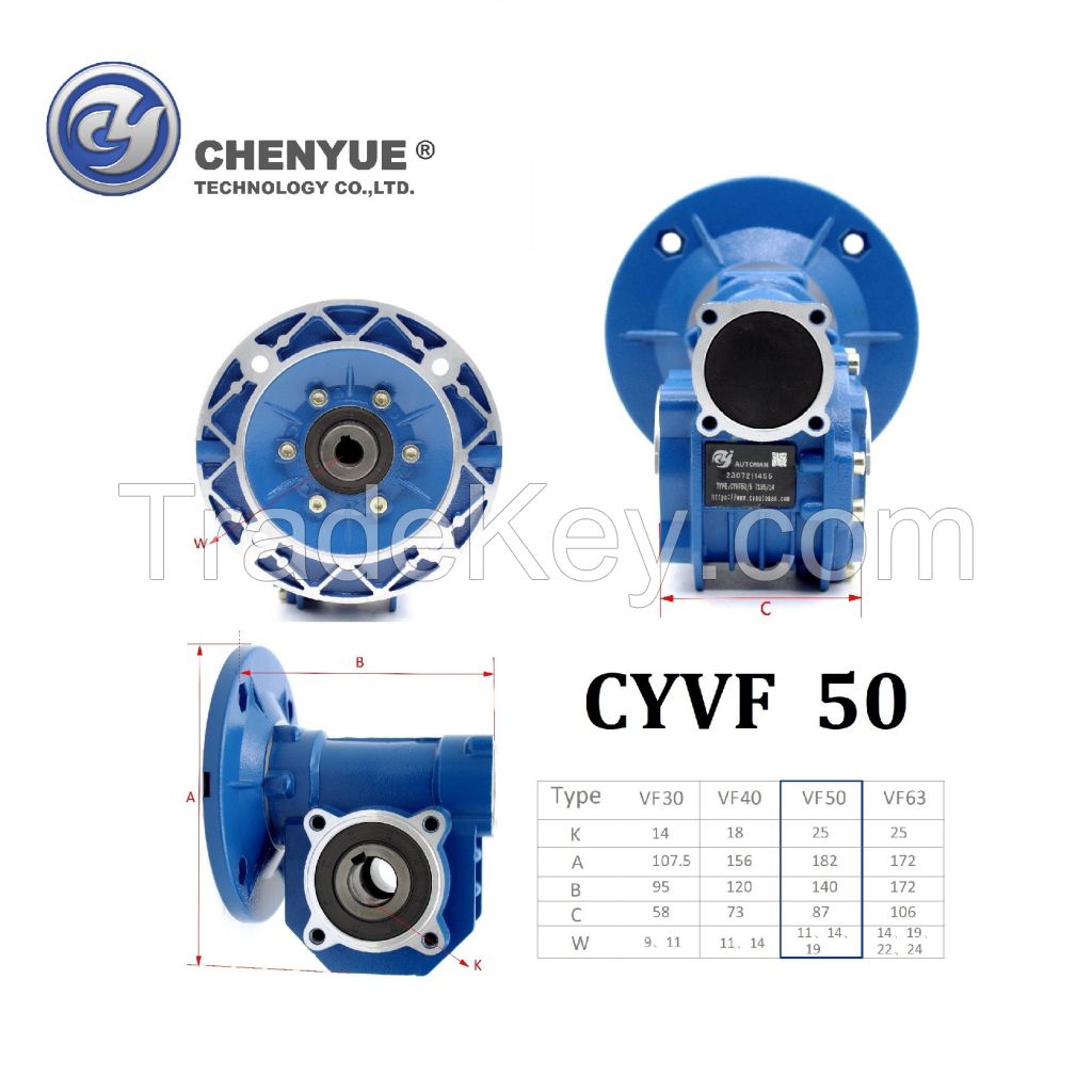 CHENYUE High Torque Worm Gearbox NMVF 50 CYVF 50 Input 14/11/19mm Output 25mm Speed Ratio from 5:1 to 100:1 Tin Bronze Worm Gear Free Maintenance