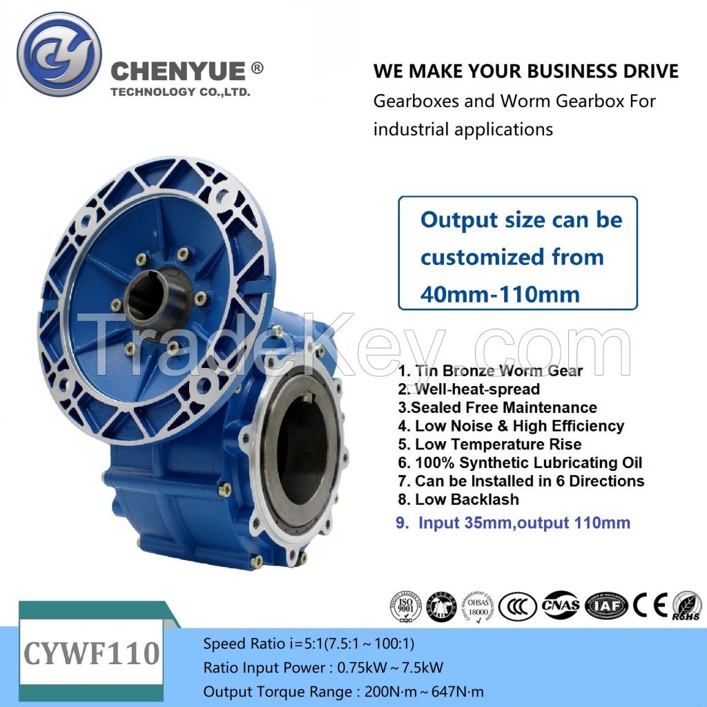 CHENYUE Worm Gearbox CYWF110 Input 35mm Output hole 110mm Can OEM Shaft Speed Ratio from 5:1/100:1 CNC Free Maintenance