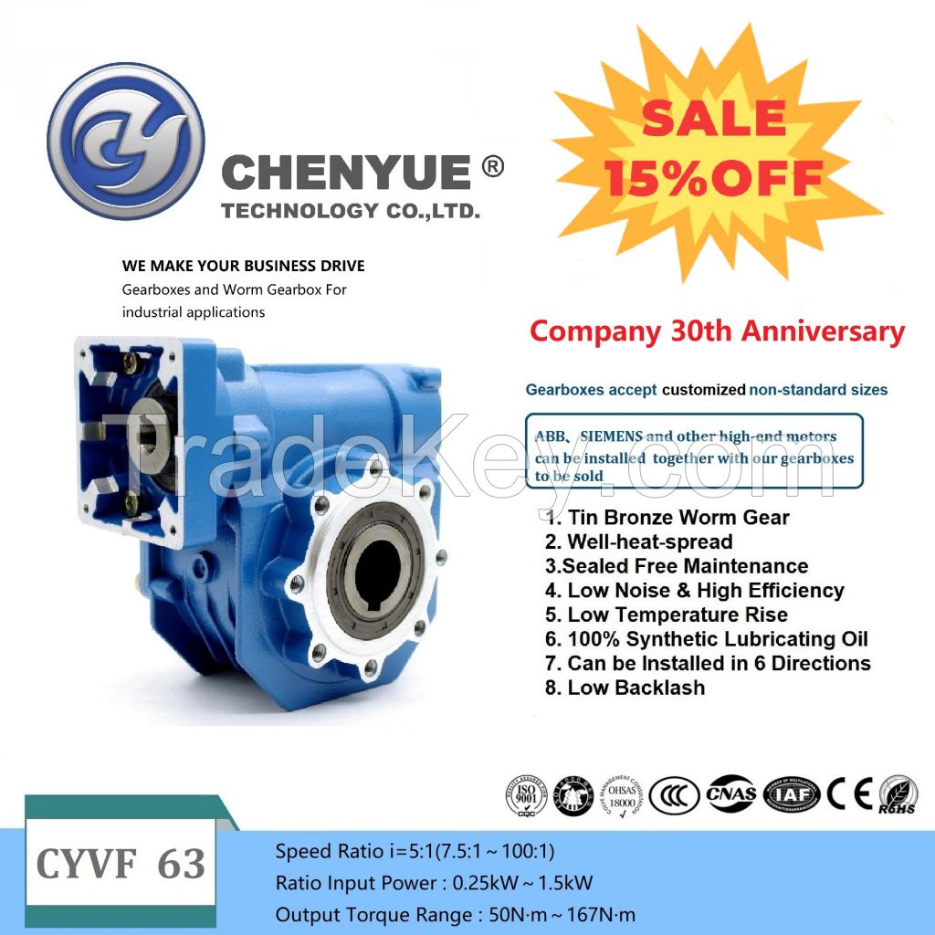 CHENYUE High Torque Worm Gear Reducer NMVF 063 CYVF63 Input 14/19/22/24mm Output 25mm Speed Ratio from 5:1 to 100:1 CNC Gearbox Suppliers Reduction Free Maintenance