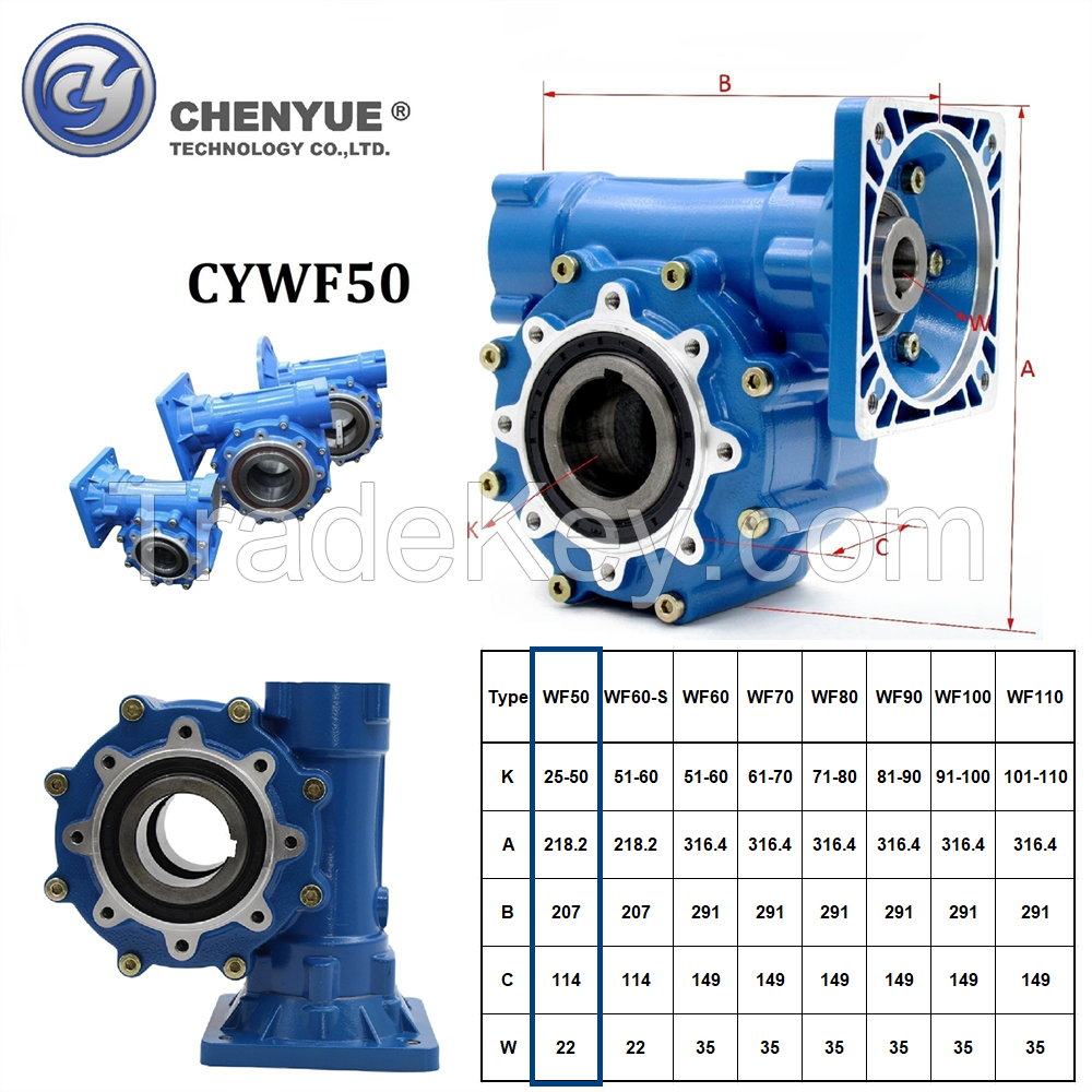 CHENYUE Large Output Bore Worm Gearbox CYWF 50 Input 22mm Output 50mm Speed Ratio from 5:1/100:1 Speed 80-233N.m Engine 3Kw Free Maintenance