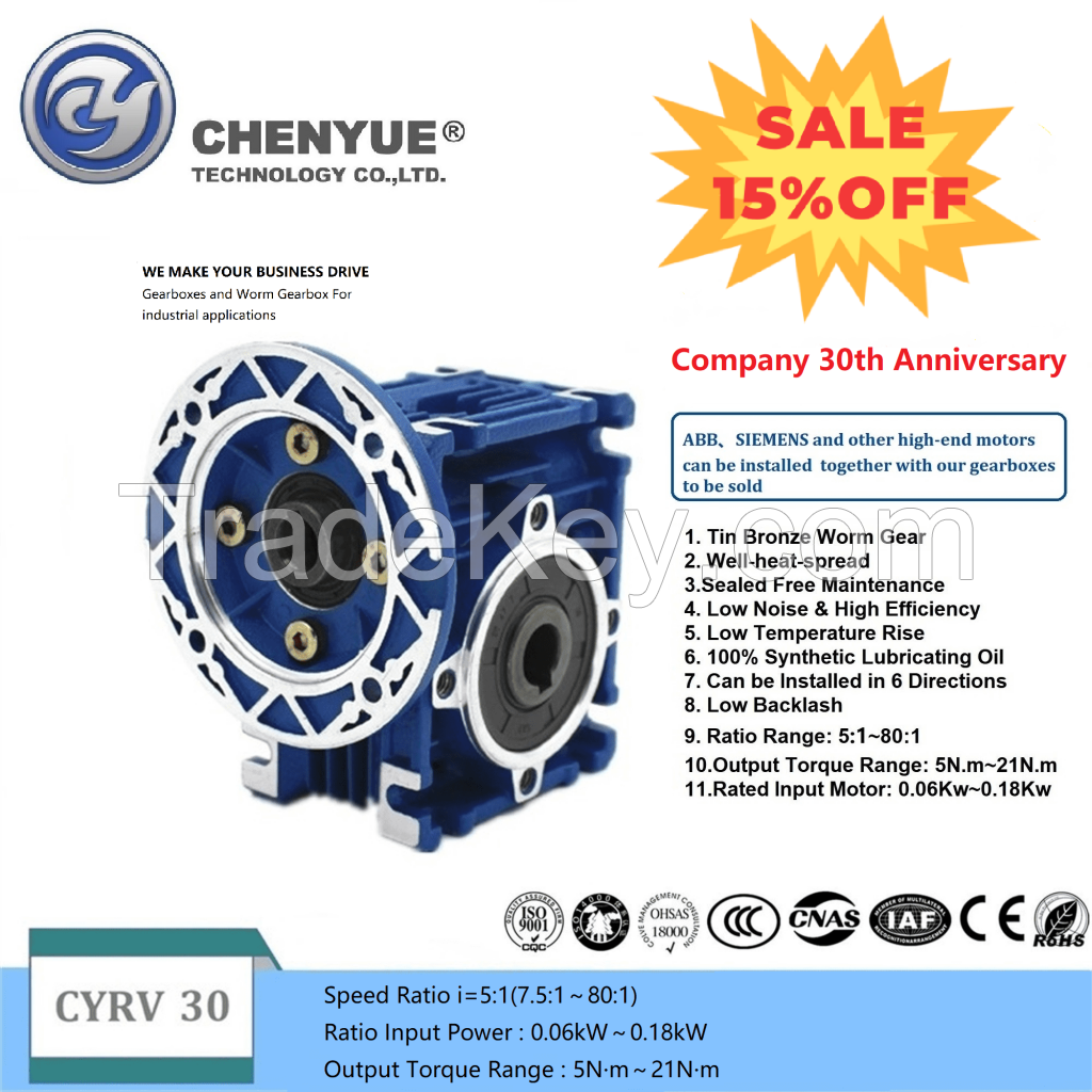 CHENYUE High Torque Worm gearbox Worm Speed Reducer NMRV 30 CYRV30 Gearbox Input 9/11mm Output 14mm Speed Ratio from 5:1 to 80:1 Free Maintenance