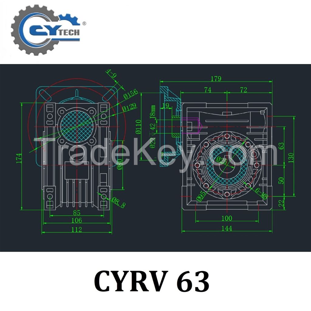 CHENYUE High Torque Worm Gearbox Worm Speed Reducer NMRV 63 CYRV63 Gearbox Input 14/19/22/24mm Output 25mm Speed Ratio from 5:1 to 100:1 Free Maintenance